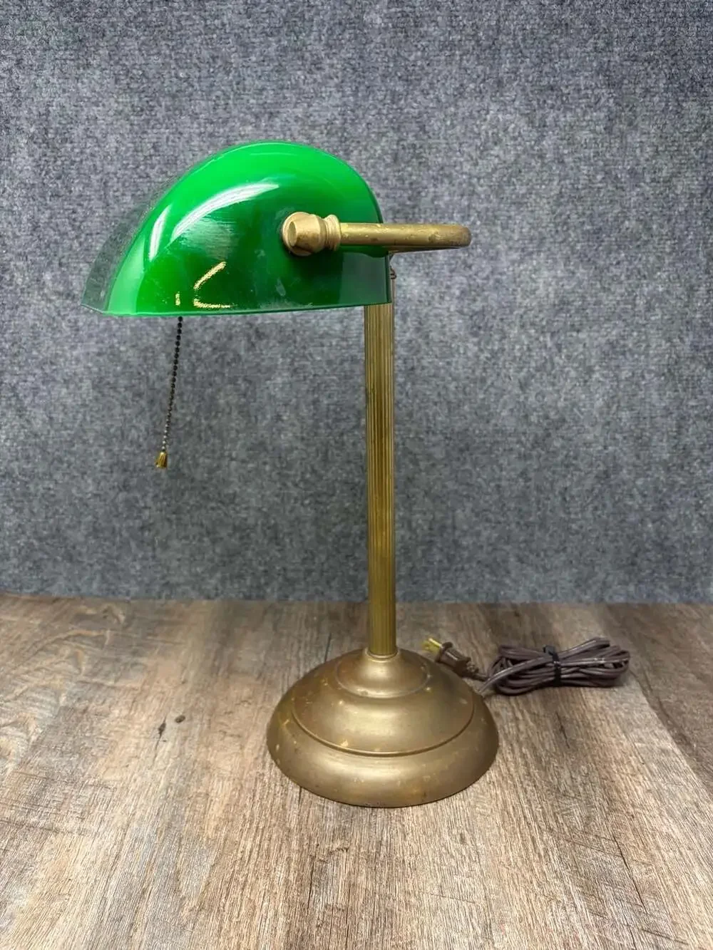 Vintage Bankers Desk Lamp with Emerald Green Glass Shade Brass Base & Pull Chain